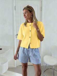 秋夏季女装时尚法式柔软蜡面高级感宽松针织开衫女士短款慵懒风毛衣上衣休闲 - 黃色 - 查看 3