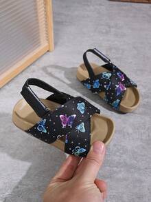 夏季新款儿童凉鞋 时尚户外公主鞋 软底幼儿女童婴儿凉鞋 [不对称图案] - 黑色 - 查看 2