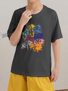 Tween Boy 灰色圆领图案印花短袖 T 恤，夏季 - 深灰色 - 查看 2