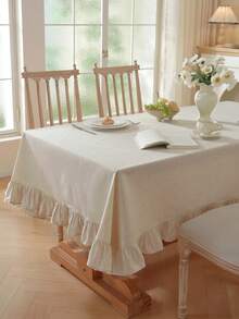 1pc Plain Ruffle Trim Tablecloth - Beige - View 3