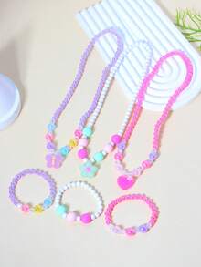 2pcs/Set Girls Cute Butterfly Flower Heart Pearl Beaded Bracelet Necklace Jewelry Set, Suitable For Girls Daily Wear And Gifting To Friends