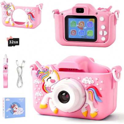 Camara niños Digital, Regalo para Chico y Chica de 4 a 12 años, con Pantalla 2.0 IPS HD con Tarjetas de Memoria 32G Cámara Digital Unicornio de 8MP, Regalos de Cumpleaños y Navidad (Rosa),36985776