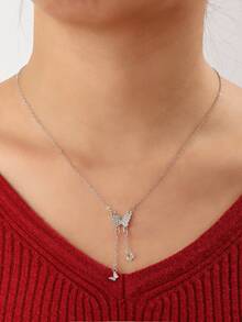 1pc Fashionable & Elegant Rhinestone Butterfly Pendant Tassel Necklace For Women - Silver - View 2