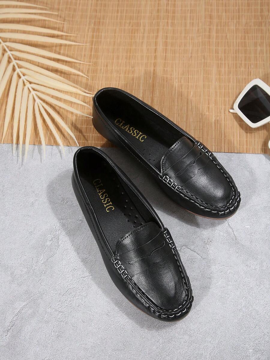 2026春季新款女士时尚平底鞋，简约休闲软底舒适纯色女士工作鞋 - 黑色 - 查看 1