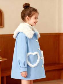 女童秋冬开衫，羊毛外套，心形口袋，可爱甜美校园风外套，礼物，节日礼物 - 藍色 - 查看 3