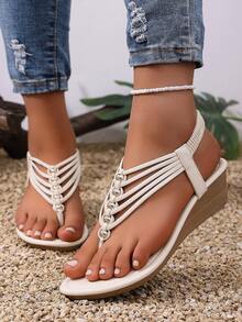 女士时尚圆头手工串珠波西米亚坡跟凉鞋 - 白色 - 查看 5