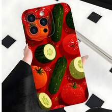 2026 Nueva Funda de Teléfono Escarchada, Funda de Teléfono con Patrón de Vegetales Tomate Pepino Fondo Rojo Adecuada para Varios Modelos de  17 y Modelos de , Funda Protectora de Teléfono, Funda de Teléfono para Parejas, Regalo para Novio o Novia, Regalo de Vacaciones - Negro - Ver 3