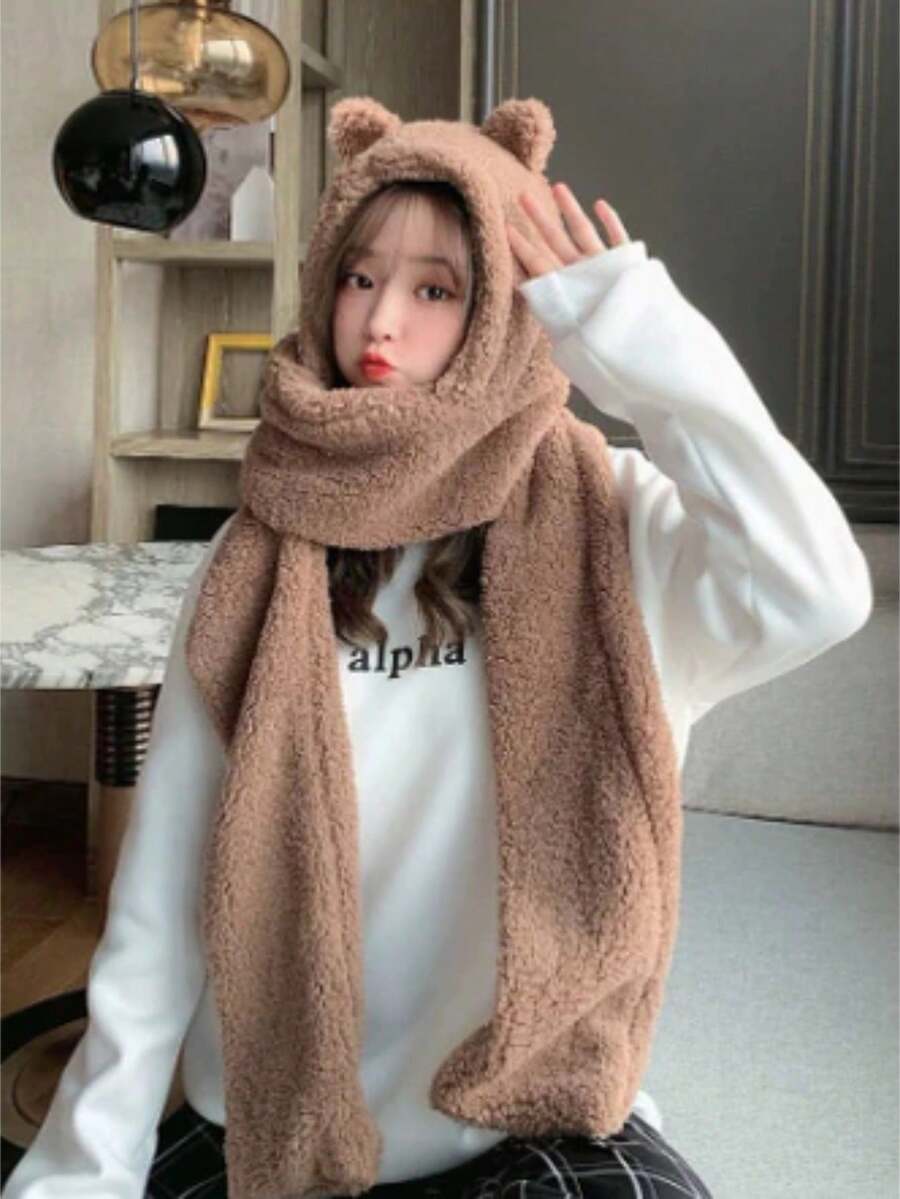 Kawaii Bear Ear Hat Scarf Cape 3 In 1 Woolen Sheep Wool Beanie Knitted Hat - khăn quàng cổ màu nâu - Xem 1