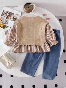 2pcs Baby Girls Striped Patchwork Crew Neck Long Sleeve Top And Denim Long Pants Outfit, Fashionable And Versatile For Outings - Apricot - View 2