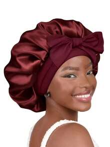 1 pièce Bonnet de nuit élastique léger en satin avec nœud papillon, bonnet de douche de couleur unie pour femmes et filles, noir, chapeau de sommeil en soie - Prune - Voir 6