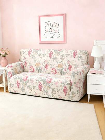 乡村风粉色花卉弹力杏色沙发套，四季皆宜，简约沙发保护套，客厅装饰，精致清新