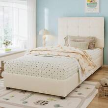 Lit de grande taille pour enfant sécurisé, design biscuit – Avec tête de lit douillette, barrières en mousse anti-choc, construction composite – 90x200 cm, couleur beige (Vendu sans matelas) - défaut - Voir 3