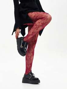 Enchanted Evening Stockings - Wine Red Lace Fishnets With Floral Detail For Date Night & Special Occasions - Burgundy - View 5