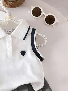 2pcs Baby Girls' Heart Embroidery Polo Collar Sleeveless Top And Ribbon Waist Pleated Skirt Set, Cute & Elegant Street Style - Light Grey - View 4