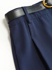 Vela Rue 女士金属腰带喇叭形斜纹布海军蓝短裤，休闲通勤办公春夏百搭 - 藏蓝色 - 查看 4