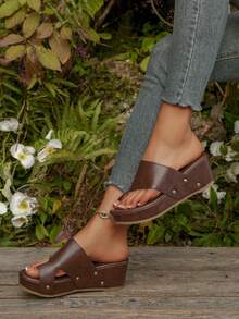 2025新款夏季厚底坡跟拖鞋女鞋，厚底凉鞋 - 棕色 - 查看 3