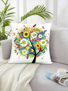 1pc Floral & Tree Print Decorative Pillow Cover, Colorful Flower Cushion Cover For Sofa, Chair, Bedroom, Living Room - Multicolor - View 2
