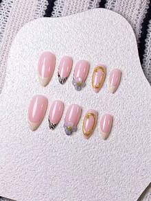 10片手工制作杏仁形乳白色斑马纹法式雕花美甲贴纸，饰以手工3D五瓣花和手绘斑马纹法式图案，并以3D金色圆圈和线条点缀。 - 彩色 - 查看 4