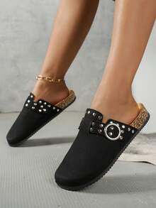 Zuecos de ante y madera para mujer, pantuflas de cuero, plantilla de corcho suave, soporte de arco, correa ajustable, pantuflas de interior - Negro - Ver 5