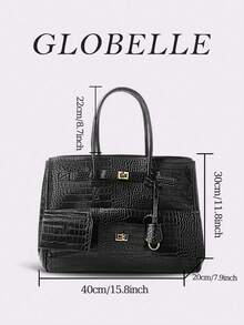 GLOBELLE 时尚复古摩托车包，大容量可扩展，金色五金配件，纯色鳄鱼纹压花双提手，女士单肩手提包，适合上班族女性，完美适用于大学、工作、商务、通勤、户外、旅行、野餐、办公室等各种场合，也适合工作、购物、送礼、休闲旅行。简约百搭，适合户外休闲和购物。 - 黑色 - 查看 13