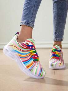 Women's Premium Colorful Rainbow Low-Top Lace-Up Sneakers, Classic, Comfortable, Breathable, Soft-Soled Running Shoes, Suitable For Casual Tennis, Walking, And Various Other Occasions, All Year Round. Stylish Air-Cushioned Shock-Absorbing Sneakers. - 白色 - 查看 2