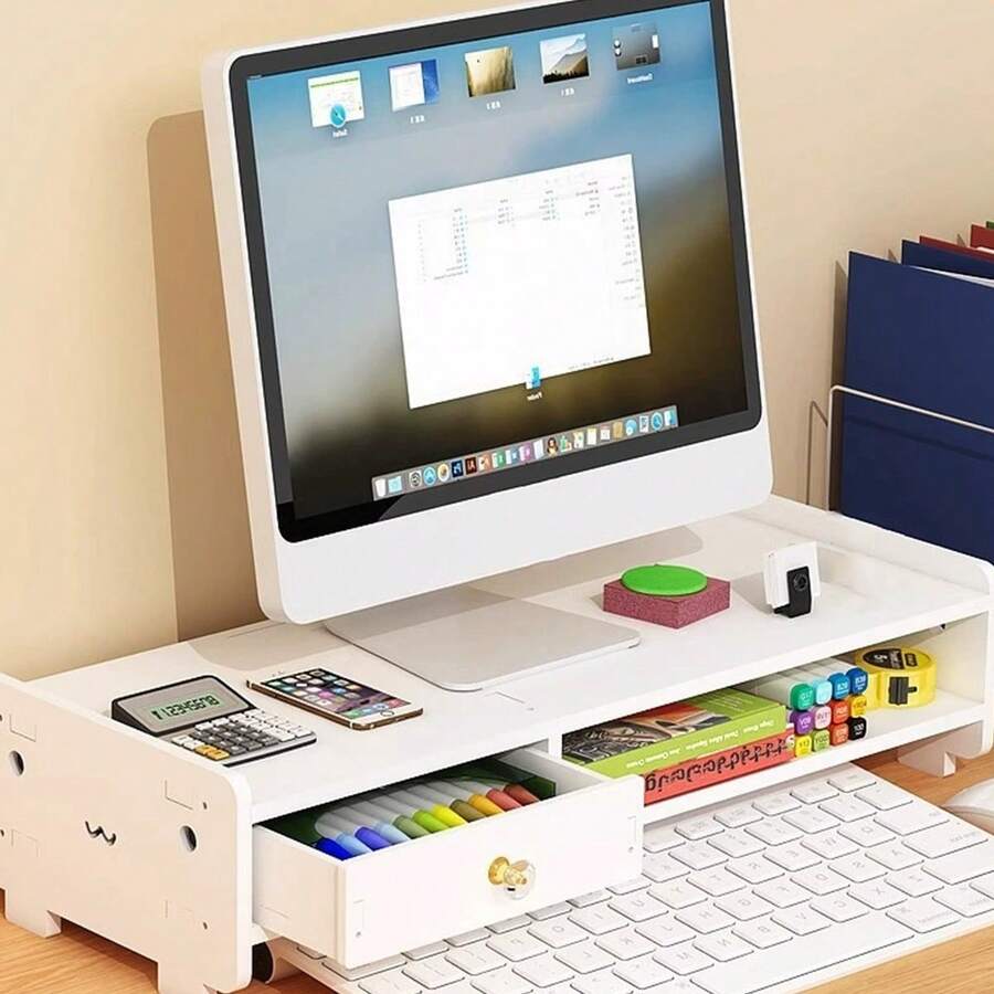 1 chiếc giá đỡ màn hình máy tính văn phòng chất lượng cao, giá để đồ hai tầng, giá sắp xếp bàn làm việc đa chức năng, giá đỡ trưng bày. - trắng - Xem 1