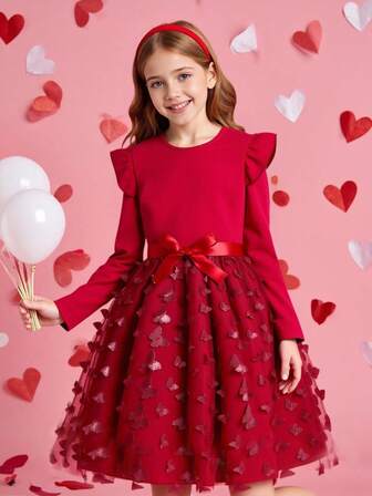 Tween Mädchen Weihnachtskleid mit Rüschen, Langarm, Patchwork, 3D Schmetterling Mesh und Gürtel