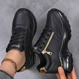 รองเท้ากีฬาผู้หญิง, หนัง PU ด้านบน, รองเท้าฤดูใบไม้ผลิ/ใบไม้ร่วง, ส้นเตารีด, พื้นรองเท้า Air Cushion, สีดำ & สีทอง, รองเท้าผ้าใบแบบลำลองกลางแจ้งแฟชั่นอเนกประสงค์