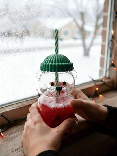 Glass Bear Cup, Honey Bear Straw Cup, Lid Straw Glass Cup, Cute Mug, Duck Billed Bear Cup, Coffee Cup, Beer Cup, Wine Glass, Cocktail Glass, Beverage Glassware, 20oz Unmarked Bear Cup