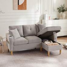 Modern L-Shaped Sofa, 3-Sitzer-Sofa With Chaiselongue, Stauraum, Integrated Getränkehalter, With 2 Kissen Geliefert, Geeignet Für Wohnzimmer, Büro, Wohnung Usw., Video Verfügbar - Light Gray - View 3