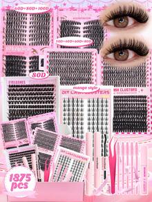 假睫毛礼盒套装，包含1875片假睫毛簇，9种不同款式（浓密/超浓密/戏剧/丰盈/全效/尖刺），防水睫毛簇套装，适合初学者和熟练用户，在家即可轻松佩戴，柔软舒适，易于打造自然妆容，日常妆容适用。