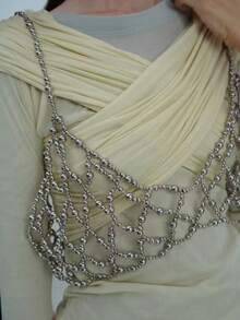 DEKUNER 2026春夏新款手工银色串珠网状身体链，Y2K时尚镂空胸带上衣，派对及街头风配饰 - 銀色 - 查看 3