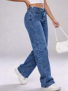 Women's Jeans, Loose-Fitting Women's Straight Pants, Women's Wide-Leg Jeans, Women's Jeans With Pockets, Stretchy, Loose, Wide Legs, Universal, Casual. - Snowflake Blue - View 3