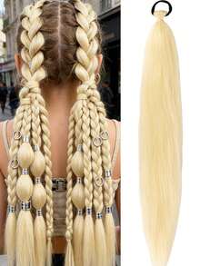 1-2pcs 26 Inch Light Golden Synthetic Yaki Straight Hair Extensions, Fluffy Ponytail Wig, Suitable For Halloween, Christmas, Holiday Parties - Gold - View 10