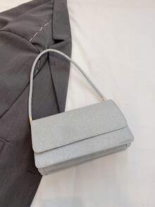 女士简约方形手提包，新款夏季时尚纯色单肩包，休闲托特包，复古斜挎包 - 銀色 - 查看 4