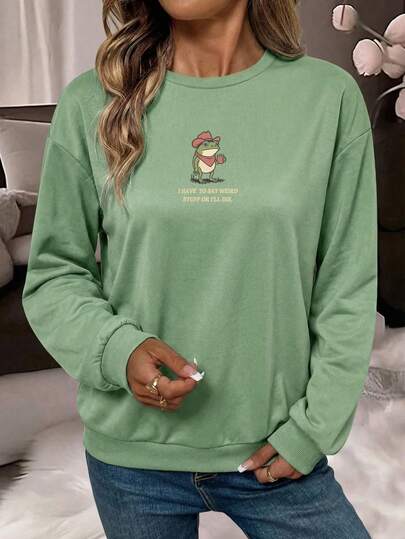 Women's Autumn/Winter Clothing: I Have To Say Something Weird, Or I'll Die! Letter Print Round Neck Simple Casual Everyday Sports Top; Funny Frog Print Women's Sports Top; Cute Frog Print Denim Outfits For Autumn/Winter; Frog Print Autumn/Winter Tops-A Gift For Animal Lovers!