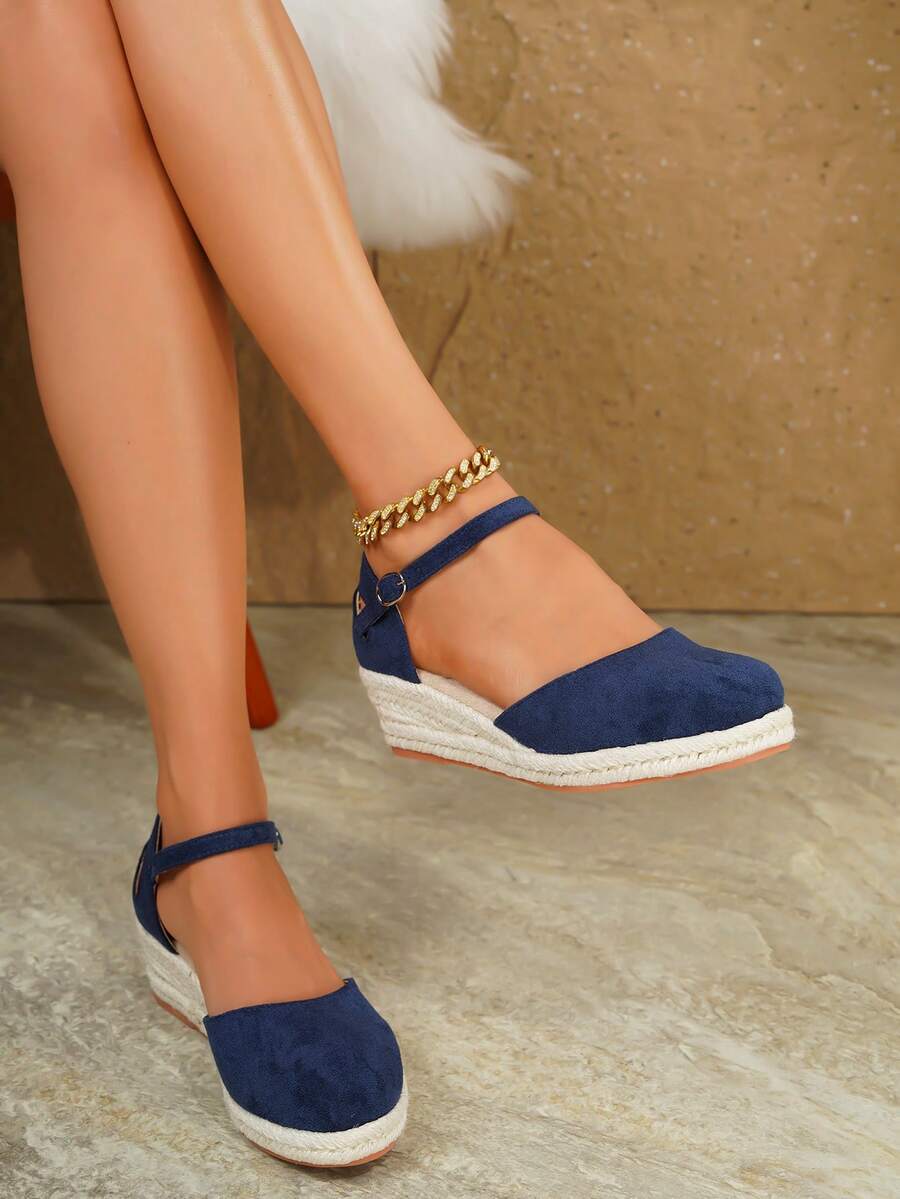 Women's Elegant Strap Buckle Wedge Platform Slip-On Shoes, Suitable For All Seasons