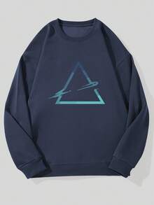 Men's Casual Crew Neck Sweatshirt With Triangle Pattern - Navy Blue - View 6