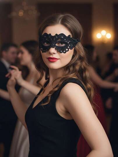 1 pieza Máscara de encaje para mujer, máscara vintage sexy negra de media cara con borde ondulado hueco y floral con cordón, adecuada para todas las estaciones