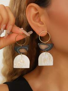 1 Pair Fashion Retro Premium Polymer Clay And Metal Drop Earrings With Marbled Agate Texture Gilding Detail Asymmetrical Geometric Shape Decor Dangle Earrings For Young Females Weekend Hangout Art Exhibition Wear And Retro Luxury Style Enthusiasts Party Daily Accessories - Multicolored Gilded Pottery - View 10