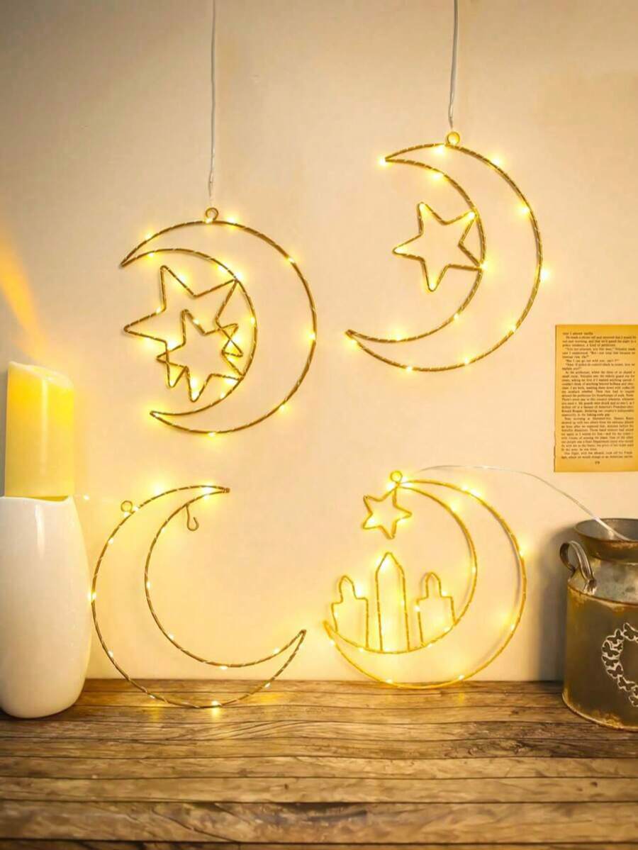 1 Warm Light Moon Hugging Double Star Multi Style Iron Ring LED Decorative Light, Moon, Moon Hugging Star, Moon Hugging Double Star, Moon Hugging Candle Star, With Flashing Function Like A Sky Full Of Stars, Multiple Styles Suitable For Holiday Decoration, Bedrooms, Wedding Parties, Holiday Decoration Lights (Excluding Batteries) - 暖光 - 查看 1