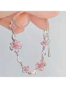 1 Piece - Elegant Pink Cherry Blossom Bracelet, Women's Fashion Cute Exquisite Cube Petal Adjustable Bracelet - 粉色 - 查看 8