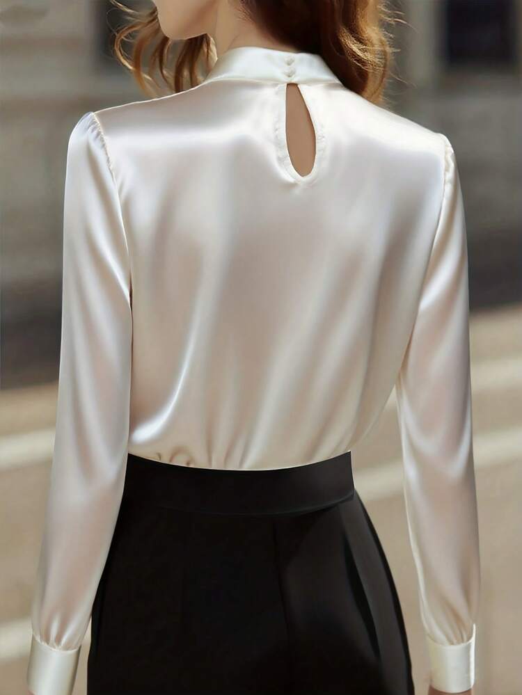 Camisa de oficina elegante de manga larga y unicolor con detalle de torsión y calado para mujer - Blanco - Añade 4