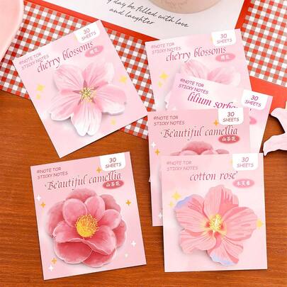 4 แพ็ค (30 แผ่น/แพ็ค) โน้ตSticky ลายดอกไม้ - เครื่องเขียนสีชมพูอ่อน, แผ่นจดบันทึกแบบมีกาวในตัว, อุปกรณ์จำเป็นสำหรับนักเรียน/สำนักงานสำหรับฤดูกาลเปิดเทอมปี 2025, เครื่องเขียนน่ารักสำหรับนักเรียน
