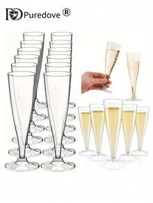 Puredove 25/50pcs Elegant Reusable Plastic Champagne Flutes - 130ml/4.5oz Clear Glasses With Stem & Rim, ,Durable & Stylish For Weddings, Parties, Thanksgiving, Christmas, Halloween, New Year Party Glassware | Durable Glass - 清除 - 查看 2