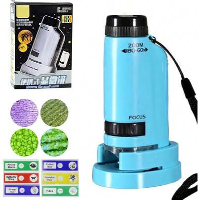 Microscopio Portátil 3 en 1para Niños,Microscopio de bolsillo niños,(con12 Diapositivas Preparadas)con Aumento 60X180X,iluminación LED,Juguetes Educativos para Niños de 6 a 12 Años(Estilo Ⅱ/Azul),36981602