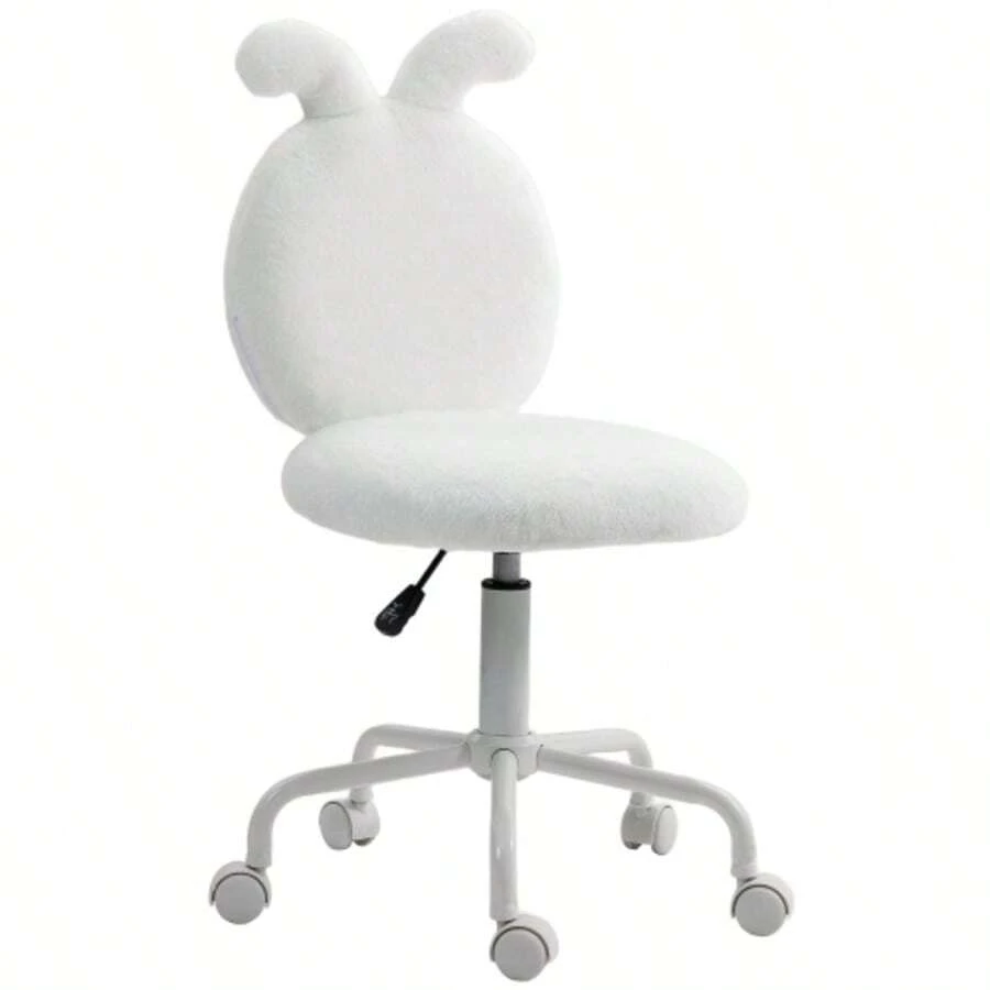 HOMCOM Office Chair, Office Chair With Rabbit Ears, Height Adjustable, Velvet-Look Dressing Chair, Swivel Chair, Bedroom Chair, White - White - View 1