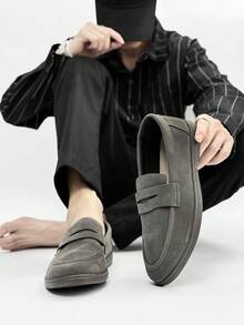 男士休闲乐福鞋，轻便透气平底纯色驾车鞋，套脚莫卡辛鞋，室内/室外鞋，舒适护理鞋 - 灰色 - 查看 6