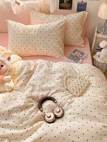 4Pcs Washable Double-Sided Black Small Dot Printed Duvet Cover Set (1 Duvet Cover, 1 Bed Sheet, 2 Pillowcases), Featuring A Simple And Fresh Printed Design, Soft And Skin-Friendly, Soothing Visual Fatigue, Suitable For All Seasons, With A Zipper Closure. Ideal For Hotel, Bedroom, Guest Room, And Dormitory Bedding Decoration. Hypoallergenic, Easy To Care For, Stylish And Lightweight, Breathable, Hypoallergenic, And Easy To Maintain. - Black Polka Dots - View 7