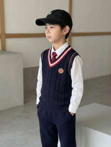 Boys' Knitted Vest, Navy Blue, V-Neck Cable Knit Cotton Sweater Vest, School Style, Suitable For Autumn And Spring Back To School